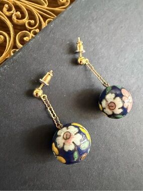 Vintage Chinese Cloisonné Floral Blue Enamel Bead Drop Dangle Earrings